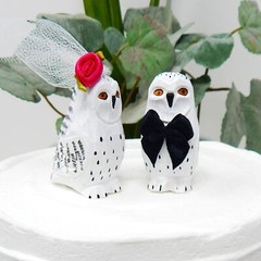 Snow Owl Cake Top Bride Groom Love Bird Winter Wedding Engage Carve Wood Statue