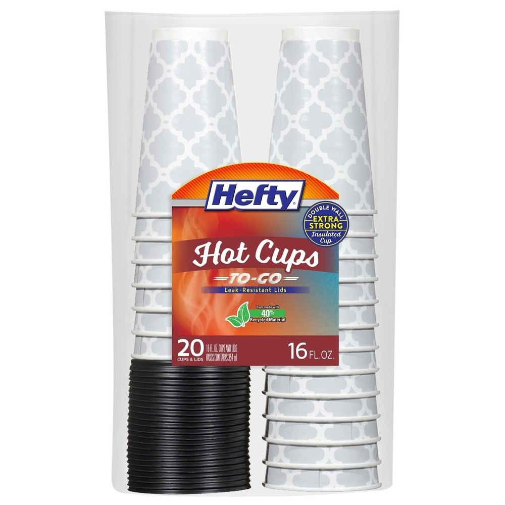 Hefty Disposable Hot Cups with Lids, Leak-Resistant Disposable, 16 Oz, 20 Count
