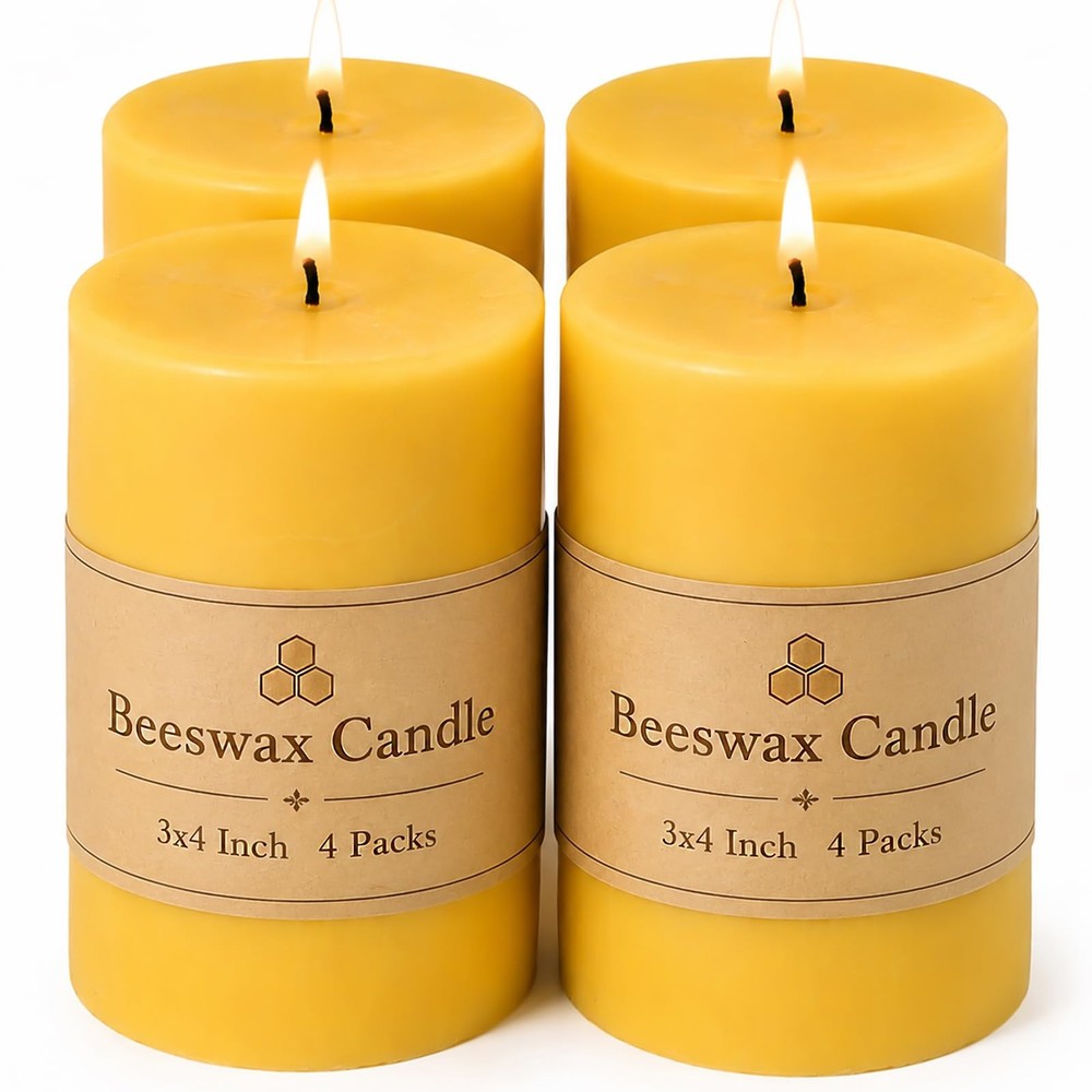 Mosroad Candles Pillar 3X4 Inch 4 Pack Non Toxic Bees Wax Candle For Home Decor