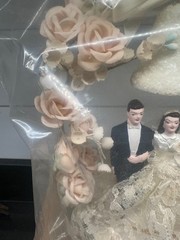 Vintage Deco Wedding Cake Topper Bells, Roses, Lace, Bride & Groom Original Box