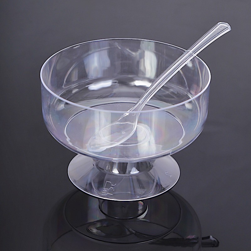 24 CLEAR 6 oz Crystal Plastic Footed Dessert CUPS SPOONS Party Event Decorations
