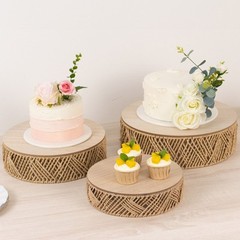 3 NATURAL Pedestal Cake Stands Jute Rattan with Wooden Top Plates Wedding