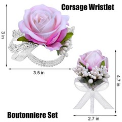 2Pcs Rose Corsage Wristlet and Boutonniere Set, Artificial Wrist Corsage Brac…