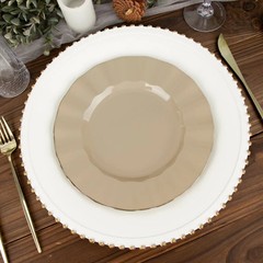 10 TAUPE 9″ Round PLASTIC Salad Dinner PLATES Gold Wavy Rim Wedding Party