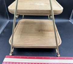 Two Tier Tray Cupcake Holder Display Natural Wood Gold Metal Kitchen Table Decor