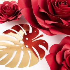 9 RED 3D Rose Paper Flowers with Gold Monstera Leaves Wedding Decorations