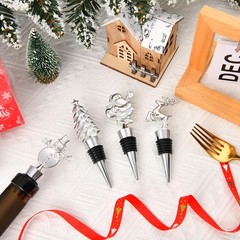 2 Pack Christmas Wine Stopper Alloy Bottle Stoppers Santa + Elk, Silver