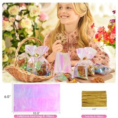Cellophane Bags, 100 Pcs 6×10 Inches Clear Treat Bags with Iridescent Pink