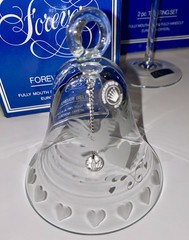 Forever Dove/ Hearts Etched Champagne Flutes Pair with Matching Bell Ornament