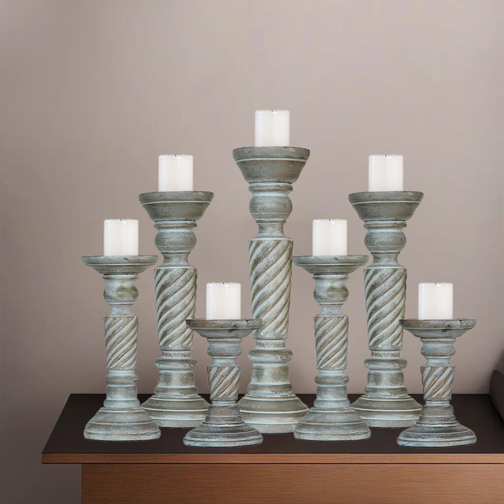 Eco-Friendly Handmade Traditional Mango Wood Set Of Seven Pillar Candle Holder