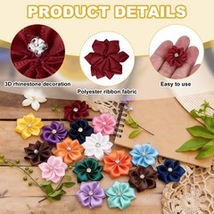 100 Pcs Ribbon Flowers, 1.2 in Fabric Flowers with Rhinestones, Burgundy