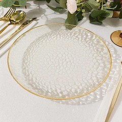 10 Round 9″ CLEAR Hammered Plastic Salad DINNER PLATES Glitter Gold Rim Party
