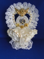 New 50th Wedding Anniversary Cake topper with Bells, Cherub Lace & Gold Beads #7