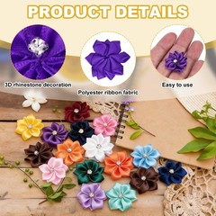 100Pcs Ribbon Flowers 1.2″ Fabric Flowers with Rhinestones Deep Purple