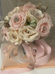 Pink And White Quinceañera Wedding Bouquet With Rhinestones And Ribbons