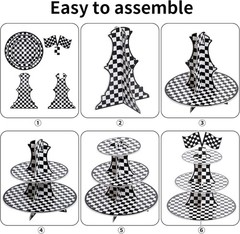 Racing Car 3 Tier Cupcake Stand Black White Checkered Dessert Display Tower
