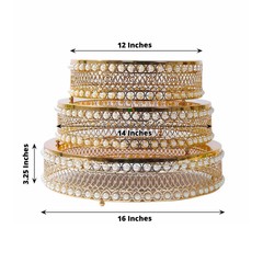 3 Gold Pearl Beaded Metal Cake Stands Mirror Top Party Event Decoration Supplies