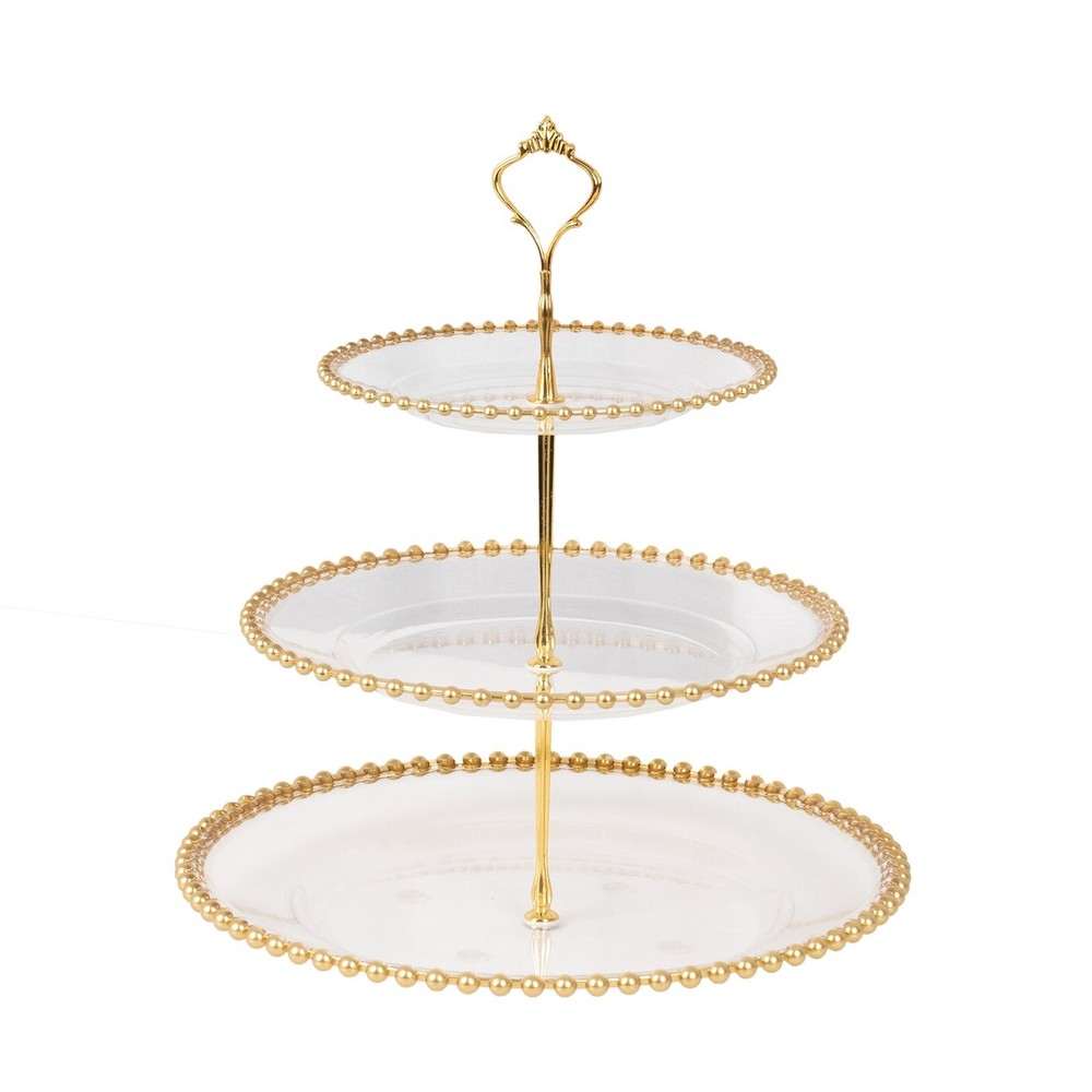 Clear Gold 3-Tier 14″ Round Plastic Cupcake Tower Stand Beaded Rim Party Events