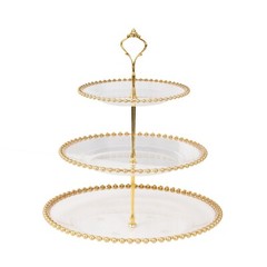 Clear Gold 3-Tier 14″ Round Plastic Cupcake Tower Stand Beaded Rim Party Events