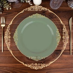 10 DUSTY SAGE GOLD 10″ Round Plastic Salad Dinner PLATES Embossed Baroque Rim