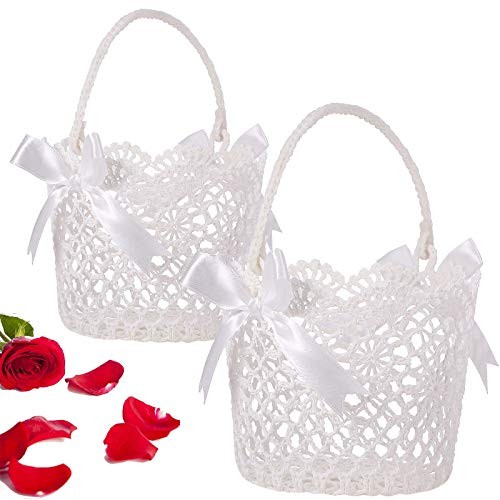 2 Pieces White Flower Girl Basket with Silk Ribbon Bowknot for Wedding Petals