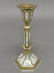 Candle Holder Brass Mother of Pearl Inlay Hexagonal 3″Wide 8″High Set of 2