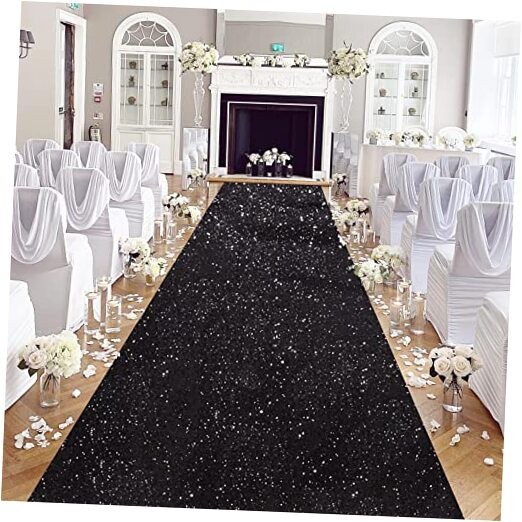 Wedding Aisle Runner: 4FT×15FT Sequin Fabric – Black Sparkly Carpet Runner for