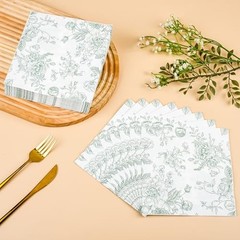 100 Floral Cocktail Napkins White Toile Disposable Paper Napkins 5 Sage Green