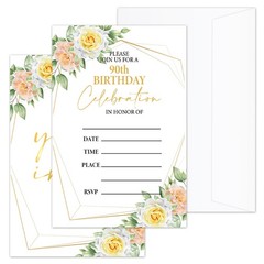 90th Floral Birthday Invitations with Envelopes, 4×6 inches, multicoloured