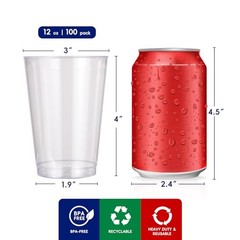 12 oz Clear Plastic Cups, 100 Pack Heavy-duty Party Glasses, Clear-12oz-100