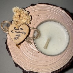 13ea. Small Candles Gifts In Brown Window Boxes.”Thanks For Celebrating With Us”