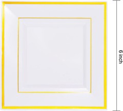 25 pcs Plastic WHITE with Gold Rim 6″ PLATES Disposable Party Wedding SQUARE