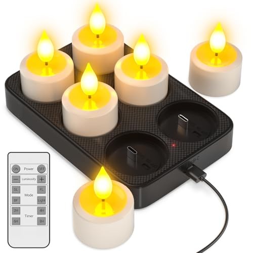 Yme Rechargeable Tea Lights with Remote Timer and Charging Base, 6 Pack LED