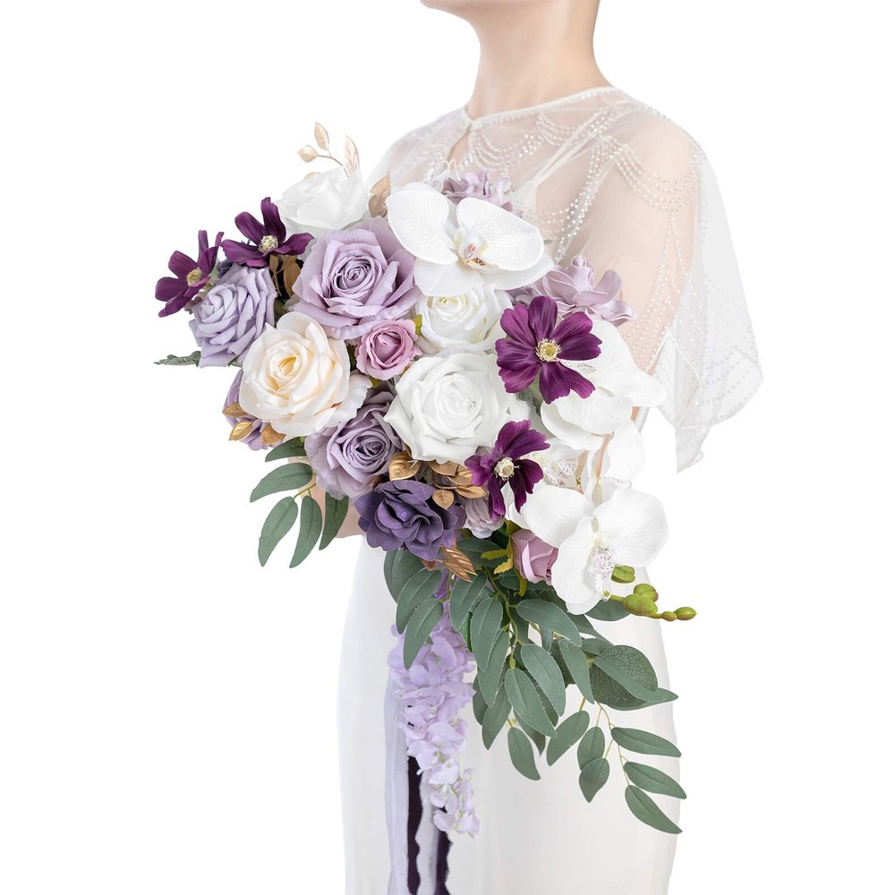 Ling’s Moment Purple Bridal Bouquet Cascading, Lilac Wedding Bouquets for Bri…