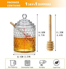 Clear Crystal Honey Pot with Dipper and Lid,Glass Jar Hexagon