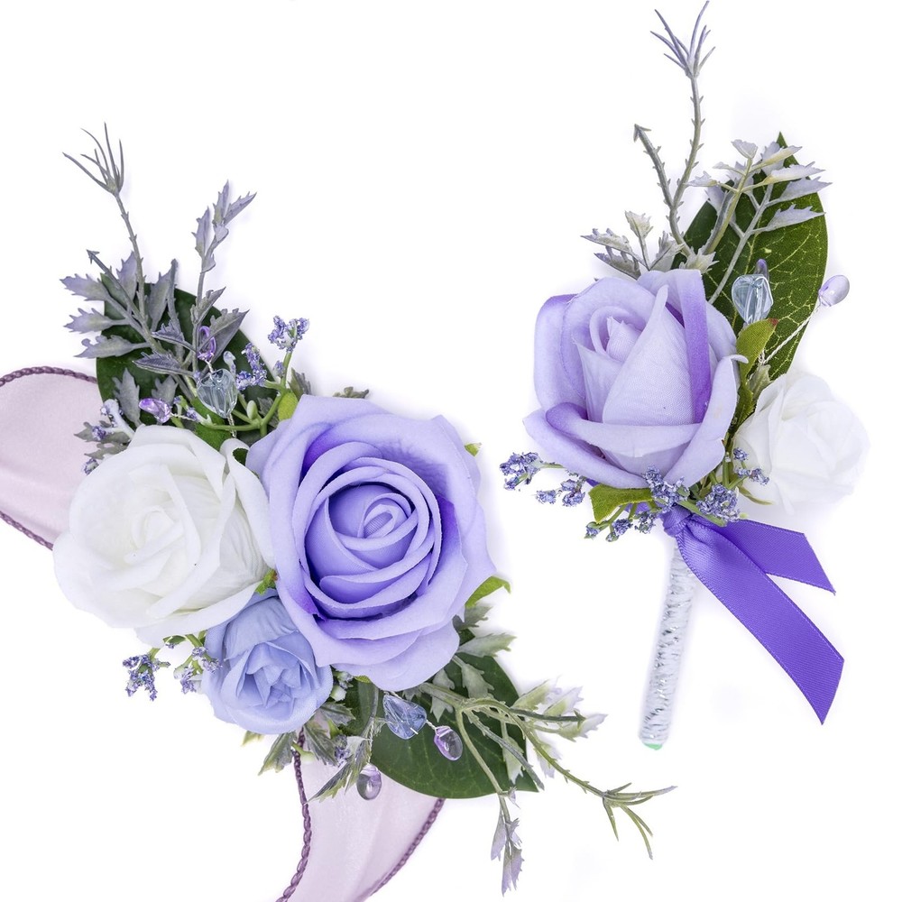Fnize Purple Corsage and Boutonniere Set for Bride Groom Bridesmaids Groomsme…