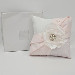 Lillian Rose White Ring Pillow Blush Sash Satin 7″ Square Silver Rhinestones NOS