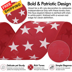MEEDEE 4 Inch Patriotic Dupioni Wired Ribbon, 10 4 Inch, Red with White Stars