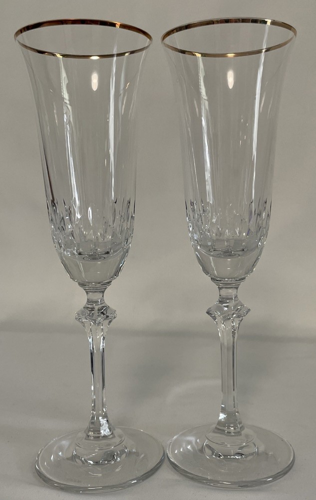 Pair of Cut Crystal Gold Rim Champagne Flutes Wedding Toast