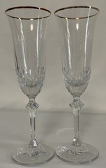 Pair of Cut Crystal Gold Rim Champagne Flutes Wedding Toast