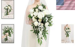 Elegant Ivory White Silk Bridal Bouquet 15″ Cascading Roses Hydrangeas Keepsake