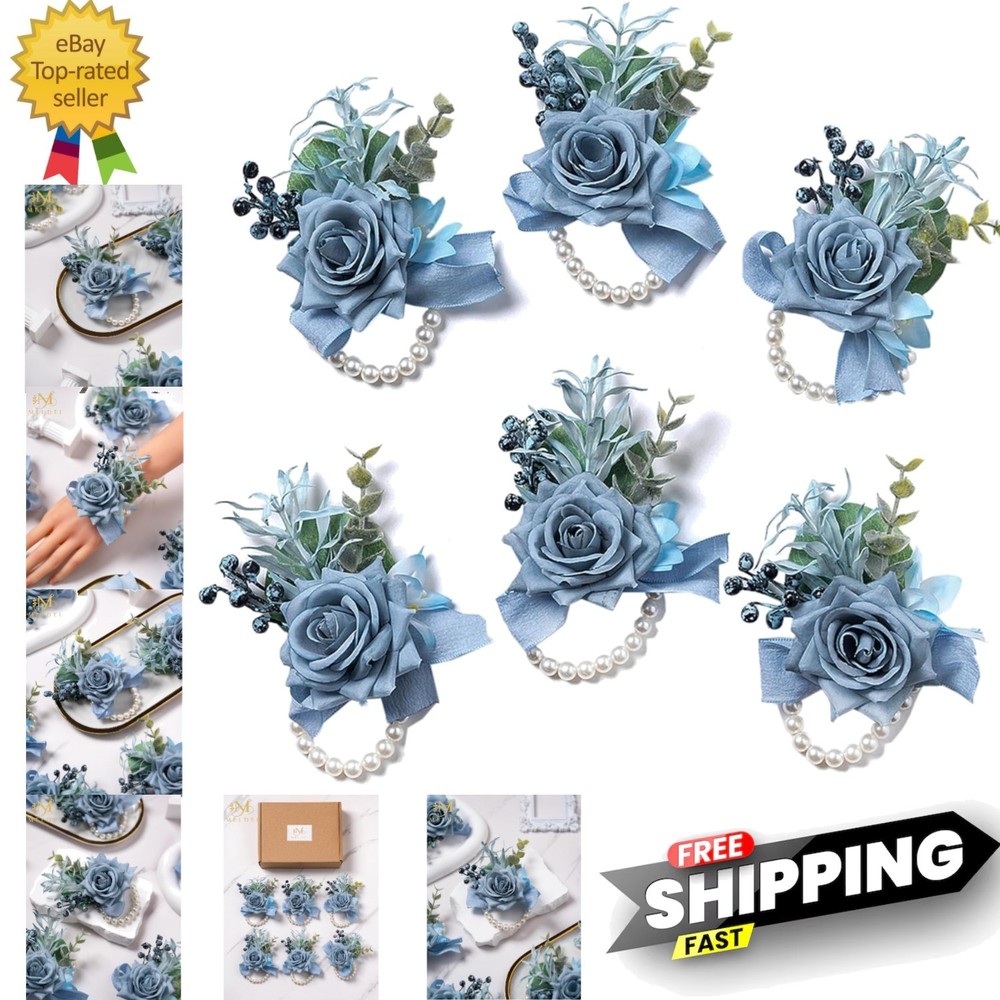 Dusty Blue Rose Wrist Corsage for Women, Set of 6, Wedding Bridal Corsage Han…