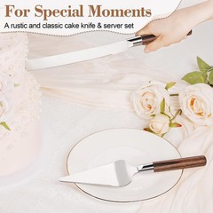 TUKDAK Cake Cutting Set for Wedding, Wood 10.2 inches, Walnut-silver