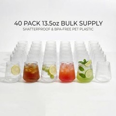 40 Pack 13.5oz Plastic Stemless Wine Glasses – Unbreakable BPA 40 PCS Clear