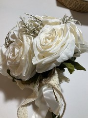 Bouquet White Roses Bride Boutonniere Lace Crochet Boho Cottage Beach Wedding