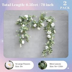 2 Pcs 13FT Artificial Flower Garland Wedding Decor, White Rose White 2 Pcs