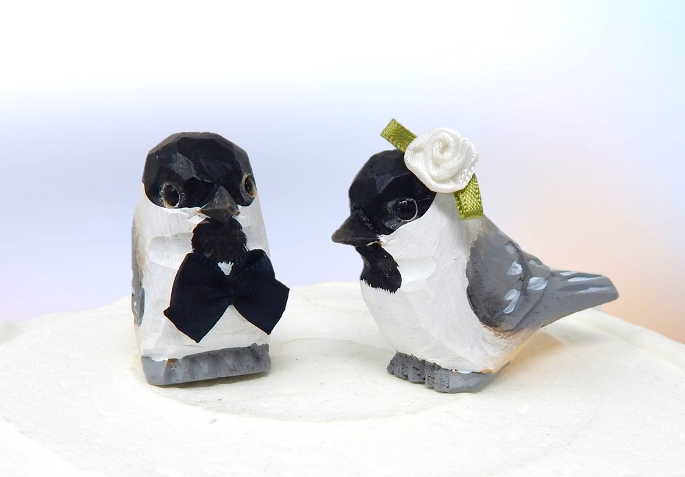 Chickadee Bird Cake Topper Bride Groom Love Wedding Engagement Carve Wood Statue