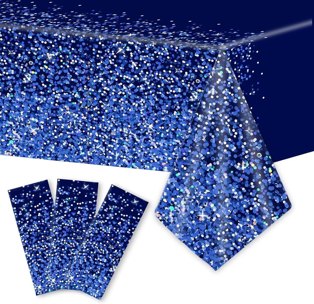 3pcs Blue Silver Tablecloths 54 inches x 108 inches, Sequin 3 Pieces