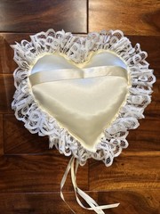 Ring Bearer Pillow Heart Lace Satin Ribbon Ceramic Flower Floral w/ Box