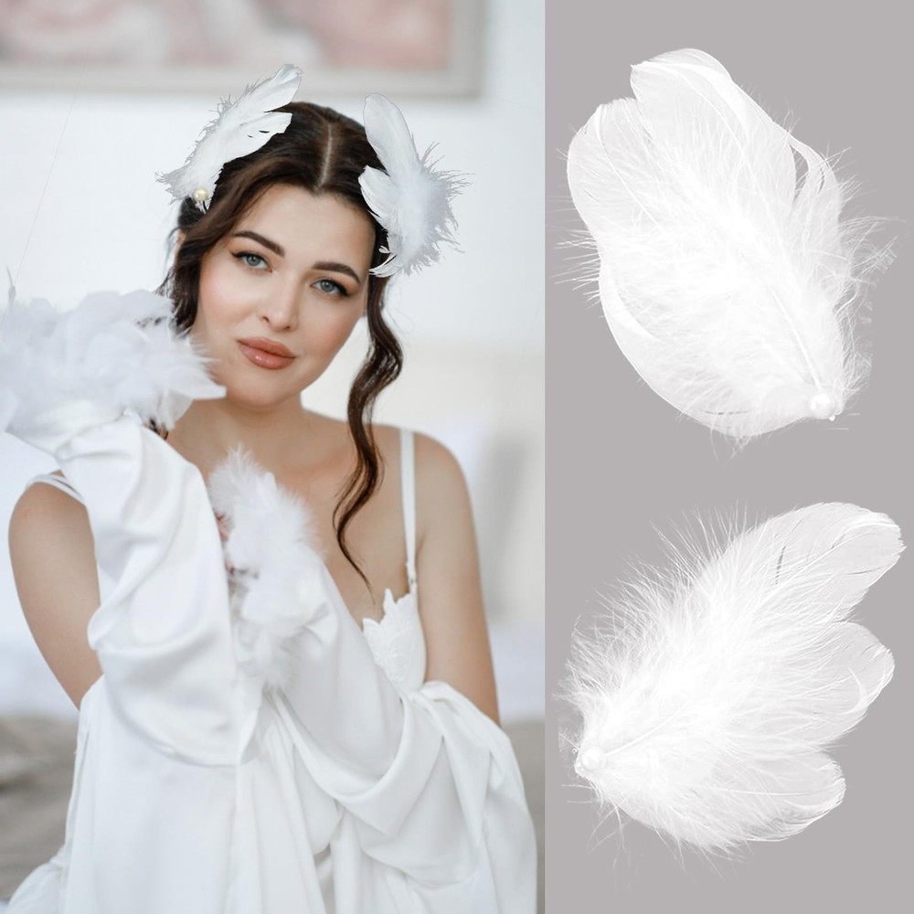 2 Pcs White Feather Hair Clips for Women Pearl Artificial Swan Ostrich Feathe…